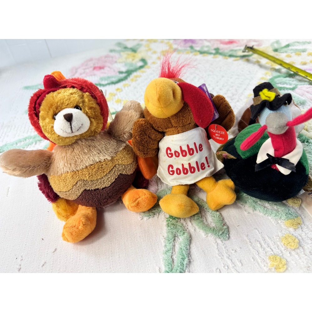 Lot of 3 Thanksgiving Plush Toys Turkey Bear Pilgrim March of Dimes Plushland